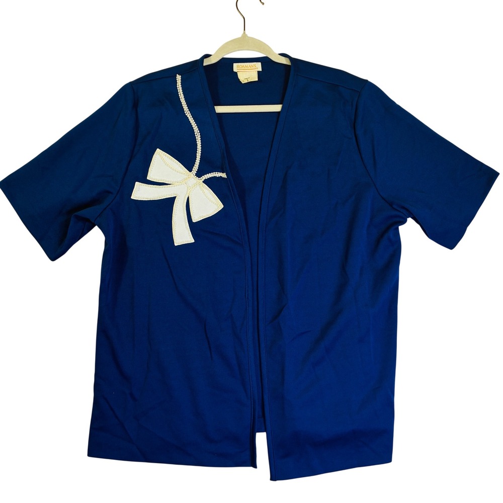 Vintage Roamans Navy Blue Open Front Cardigan Top Bow Faux Pearl Accent XL